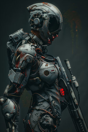 Portrait of a female robot in a dark space suit. Fantasy cosplay.の素材