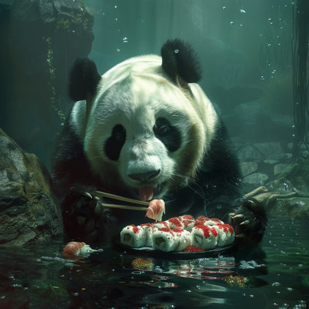 A giant panda eating a piece of cake from a plate.の素材