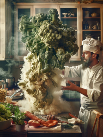 Chef in the kitchen with a huge bunch of fresh vegetables.の素材