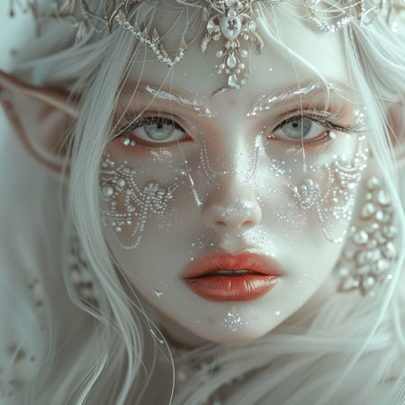 Fantasy portrait of a beautiful girl with fantasy make-up and snowflakesの素材