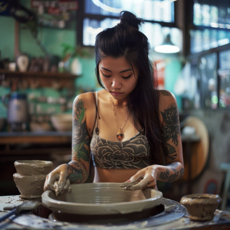 Beautiful asian woman working on pottery wheel in her workshopの素材