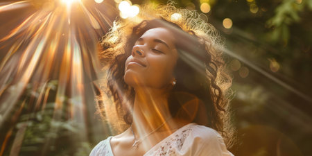 Beautiful african american woman with closed eyes looking away at sunsetの素材