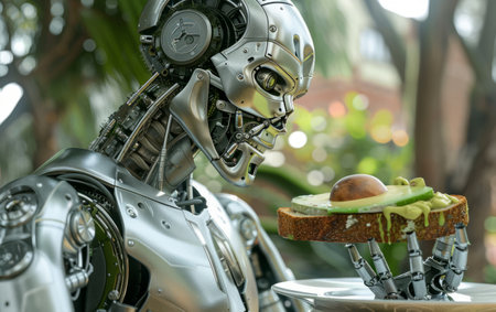 Robot eating sandwich with avocado and bread on the table in the gardenの素材