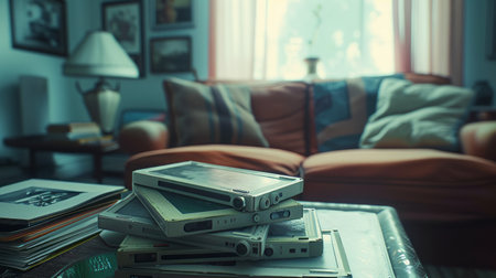 Stack of books on the table in the living room, vintage toneの素材