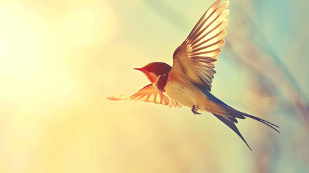 Swallow bird flying in the sunset light, vintage toned imageの素材