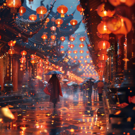Chinese New Year lanterns and monk walking on the street at nightの素材