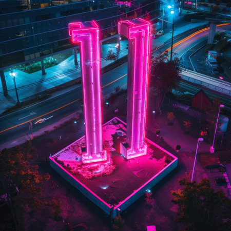 Aerial view of neon light building in the city at night.の素材