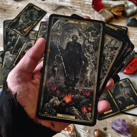 Tarot cards in the hands of fortune teller. Future reading.の素材