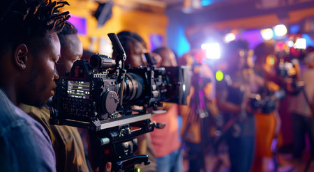 cinema, technology, entertainment and people concept - happy african american movie crew with camera making video at night clubの素材