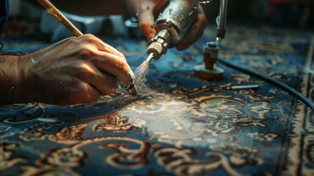 Close-up of a hand of a craftsman using a paint spray gun to paint a carpetの素材