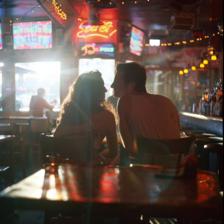 Couple sitting at a table in a pub, looking at each otherの素材