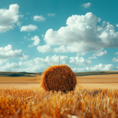 Straw bale on a wheat field under blue sky with cloudsの素材