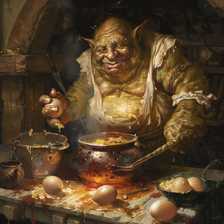 Old man cooking in a pot with eggs. Halloween concept. Studio shot.の素材