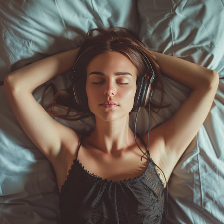 Beautiful young woman listening to music with headphones lying on bed.の素材