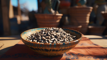 Coffee beans in a bowl on a table in the sunの素材