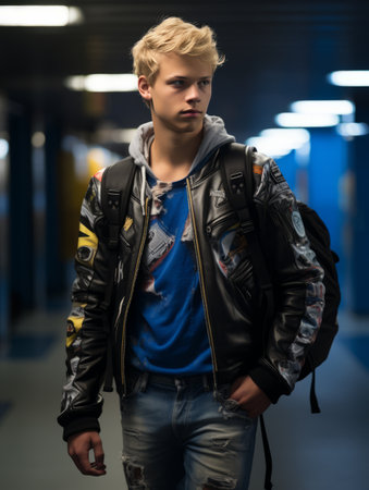 Handsome young man with blond hair in a stylish jacket and jeans is standing in the subway.の素材