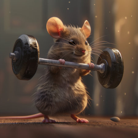 Funny little mouse lifting a barbell on a dark background.の素材