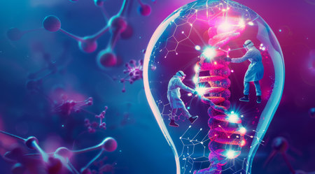 3D illustration of human body with DNA molecule. Science background.の素材