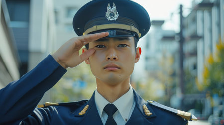 Portrait of Asian male police officer in uniform looking at camera.の素材