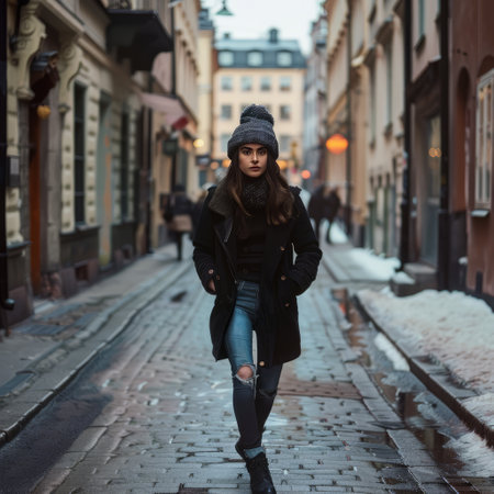 Beautiful young brunette woman in a black coat and hat walks on the street.の素材
