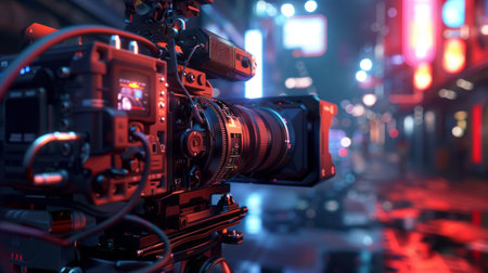 Professional video camera on the background of the night city. 3d renderingの素材