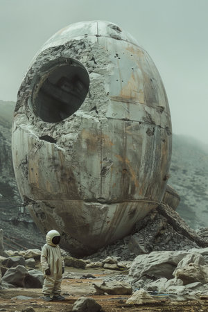 Astronaut standing in front of an old abandoned spaceship on a cloudy dayの素材