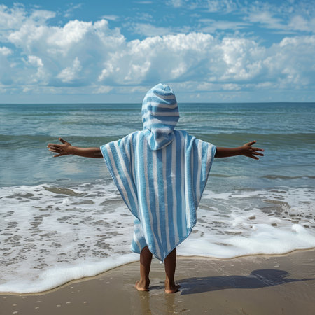 Woman with towel on her head standing on the seashore.の素材