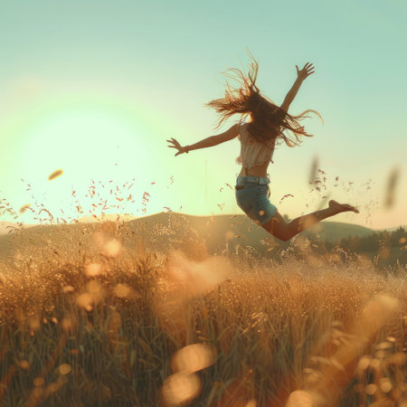 Happy young woman jumping in wheat field at sunset. Freedom concept.の素材