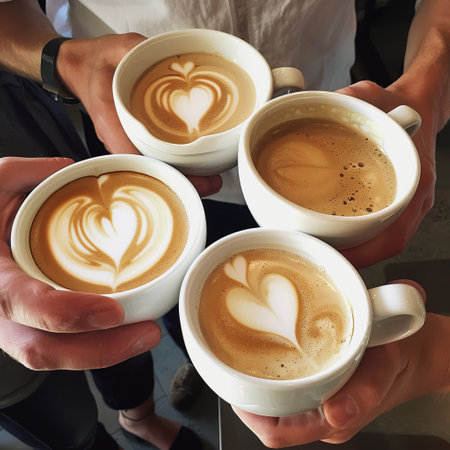 Coffee cups with latte art in hands, top viewの素材