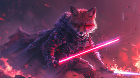 Fantasy scene with a red fox in a suit of a warriorの素材