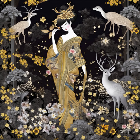 3d illustration of a beautiful Chinese woman in the forest with deerの素材