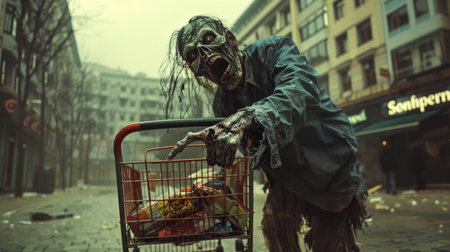 Zombie with shopping cart in the city. Halloween. Horror.の素材