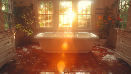 Bathroom interior with bathtub, window and flowers in the foregroundの素材