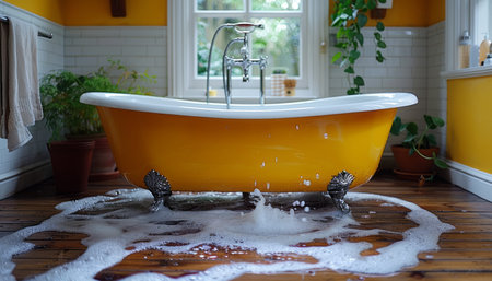 Bathtub with foam on the floor. Bathroom interior.の素材