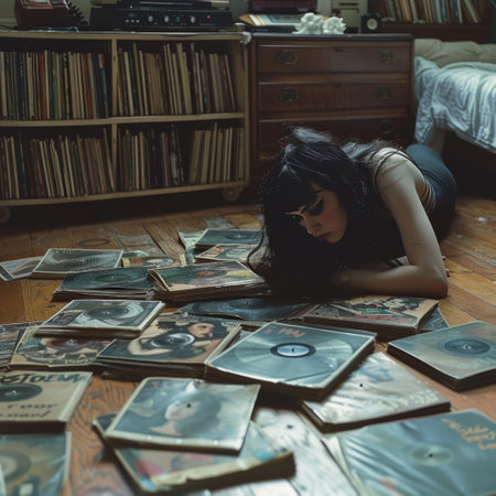 Girl lying on the floor with a lot of old vinyl records.の素材