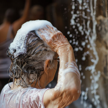 Elderly woman washing her hair in the shower with foam.の素材