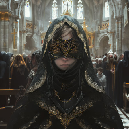 Young woman in a black carnival mask in the Gothic church.の素材