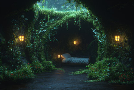 3D rendering of a fantasy garden in the night with a bedの素材