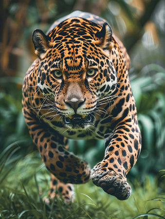 Jaguar running in the jungle, Panthera onca.の素材