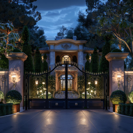Wrought iron gate in the garden at night. 3D renderingの素材