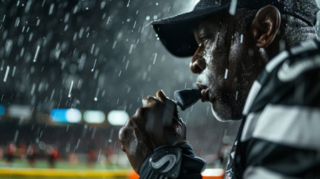 Referee with whistle in the rain, close-up view.の素材