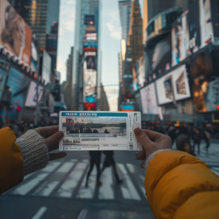 Tourists taking photos of Times Square in New York Cityの素材