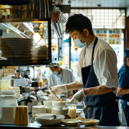 Handsome Asian man in a white apron and protective mask working in a restaurant kitchen.の素材