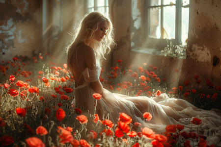 Beautiful girl in a long white dress among the poppiesの素材