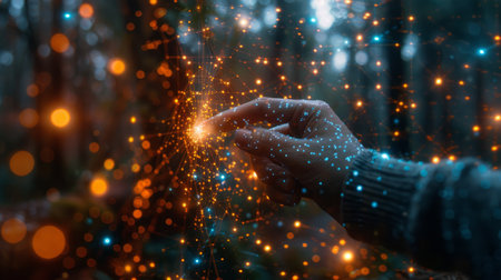 Man hand touching abstract glowing network on forest background. Technology and communication conceptの素材