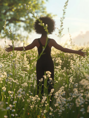 Young african american woman with afro hairstyle in the meadowの素材