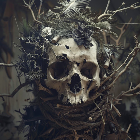 Skull made of branches and flowers. Halloween concept. Toned.の素材