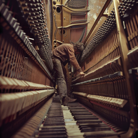 Man working on the piano in a factory. Selective focus.の素材