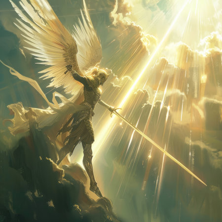 Angel with golden wings on the background of the sky and clouds.の素材
