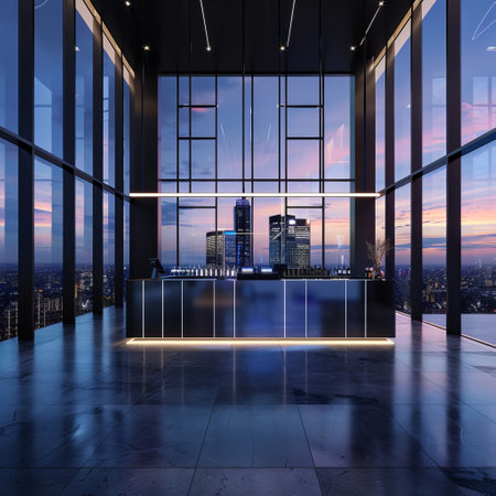 3d rendering of modern office building with glass wall and city viewの素材